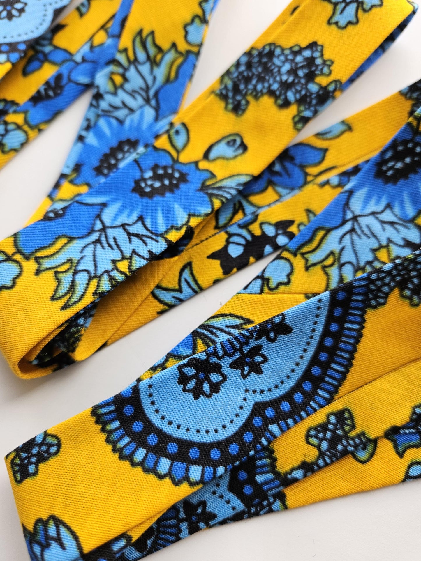 Yellow, Baby & Navy Blue African Wax Fabric Bias Binding. 2.5cm Wide | Colourful Print Patterned Tape For Crafting / Quilting.