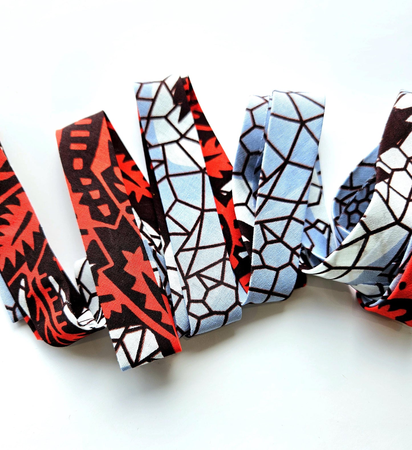 Red, White, Grey & Yellow African Wax Autumnal Fall Fabric Bias Binding. 2.5cm Wide | Colourful Print Patterned Tape For Crafting /Quilting.